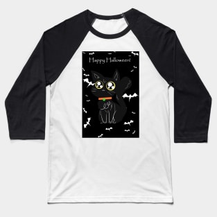 Happy Halloween - Black Big Eyed Cat Baseball T-Shirt